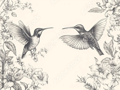 Wallpaper Mural Elegant pen and ink illustration of two hummingbirds gracefully interacting with flowers. Torontodigital.ca