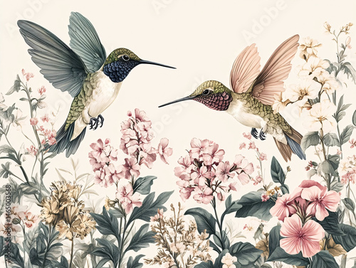 Two hummingbirds explore a colorful garden of blossoming flowers, showcasing detailed nature.