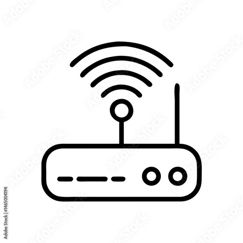 Black and white outline icon of a wireless internet router with signal waves, representing communication technology concept for technology applications and online services