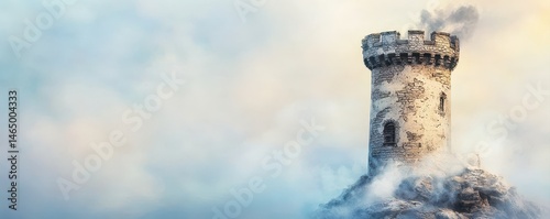 Stone tower stands atop a rocky hill, surrounded by mist and clouds, creating a mysterious and medieval atmosphere.