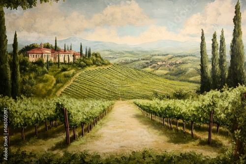 Rustic vineyard with rows of grapevines and rolling hills.