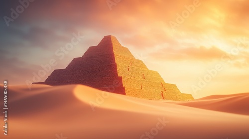 A stepped pyramid rises from golden desert sands under a dramatic, colorful sky at sunset.