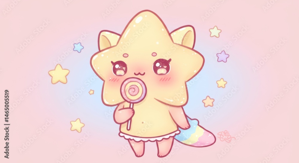 Cute kawaii star character illustration with lollipop on dreamy pastel background Cute kawaii star character illustration with lollipop on dreamy pastel background