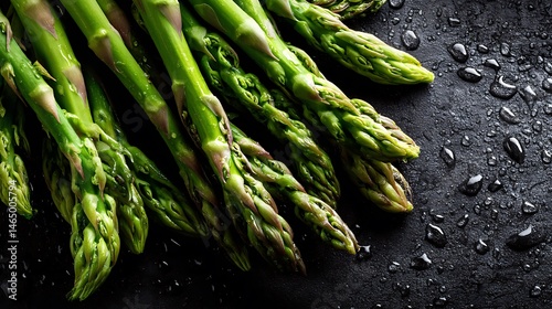 Fresh asparagus on a wet, dark background