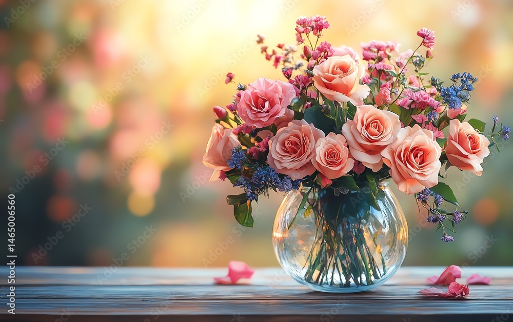 Beautiful pink roses in a glass vase, outdoors.