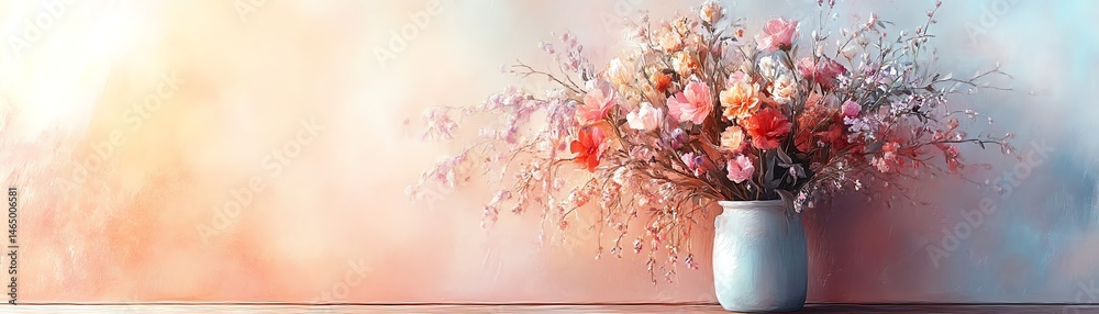 Pastel flower bouquet in vase. Spring floral arrangement.
