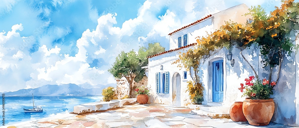 Idyllic coastal house, sunny day, watercolor style.