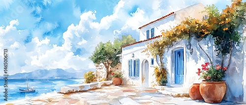Obraz na płótnie Idyllic coastal house, sunny day, watercolor style. w salonie