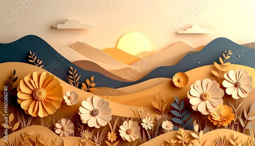 Paper cut landscape with sun,flowers and mountains in warm earthy tones