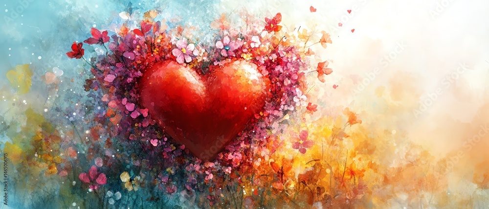 Red heart surrounded by colorful flowers, romantic art.