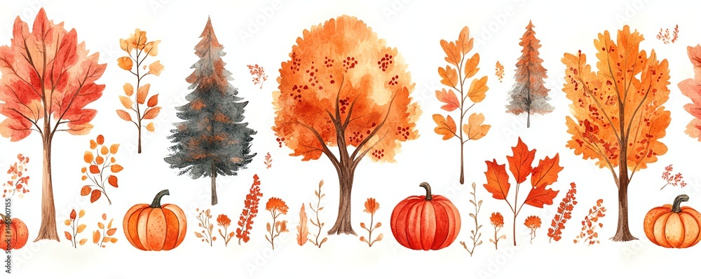 Autumn watercolor trees, pumpkins, leaves. Fall harvest illustration.