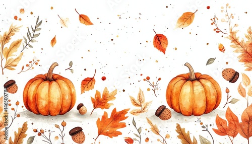 Obraz na płótnie Autumn watercolor pumpkins, leaves, acorns. Fall harvest background. w salonie