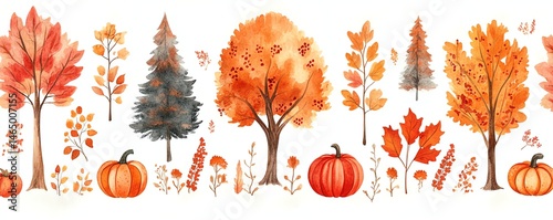 Obraz na płótnie Autumn watercolor trees, pumpkins, leaves. Fall harvest illustration. w salonie