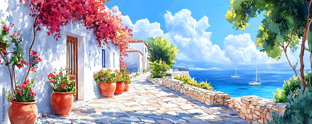 Idyllic coastal village, sunny day, flowers, sea view.