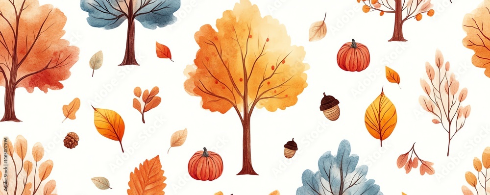 Autumn watercolor seamless pattern. Trees, leaves, pumpkins, acorns.