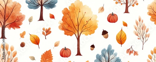 Obraz na płótnie Autumn watercolor seamless pattern. Trees, leaves, pumpkins, acorns. w salonie
