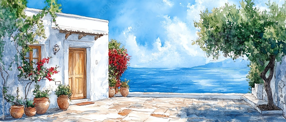 Mediterranean house, ocean view, sunny day.