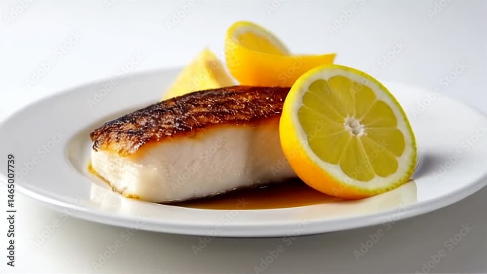 Seared White Fish Fillet with Lemon Wedges on a White Plate Food Presentation Seared White Fish Fillet with Lemon Wedges on a White Plate Food Presentation