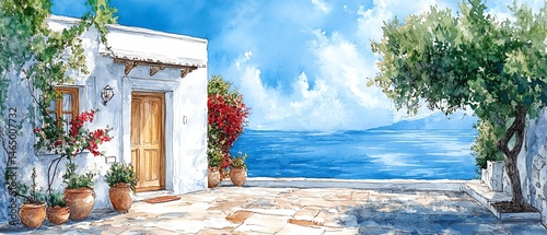 Obraz na płótnie Mediterranean house, ocean view, sunny day. w salonie