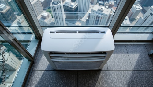 Cityscape and Air Conditioning Unit: A modern air conditioning unit is positioned indoors with an expansive view of a bustling cityscape in the background.