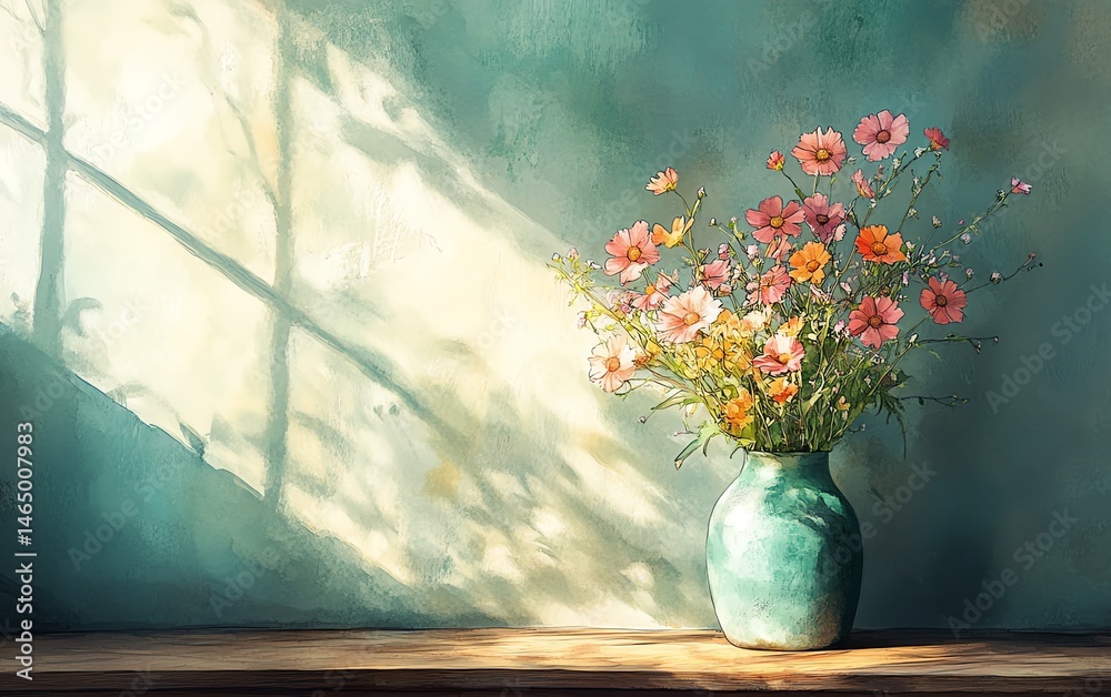 Sunlit wildflowers in a teal vase, serene and peaceful.