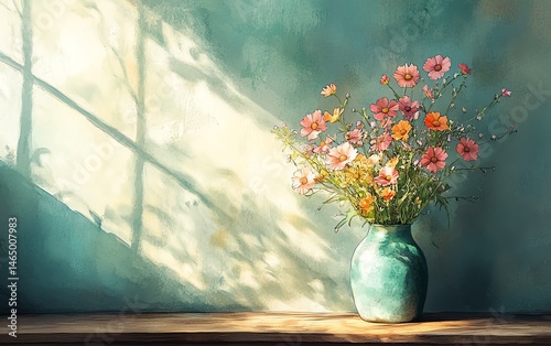 Obraz na płótnie Sunlit wildflowers in a teal vase, serene and peaceful. w salonie