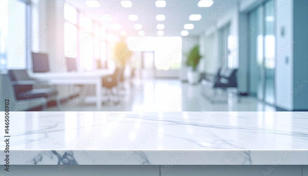 Fototapeta premium Marble countertop blurred office background product display modern workspace interior