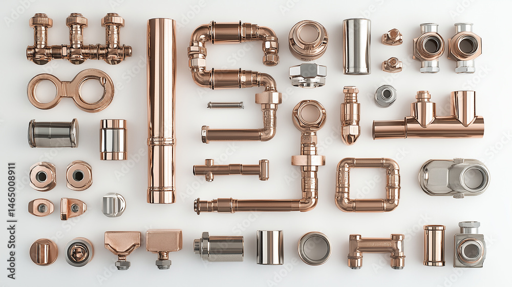 Obraz premium Neatly arranged plumbing components in 45-degree overhead view with soft studio lighting, clean white background, f/8.0 aperture