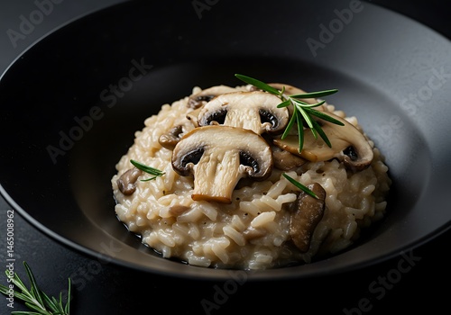 A close up of mushroom risotto in a black bowl with rosemary garnish on a dark background surface view