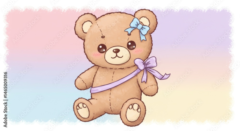 Fototapeta premium Charming Kawaii Teddy Bear Illustration with Pastel Colors and Ribbon Accents