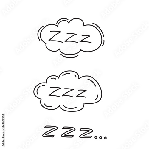set of bed sleep snore sound bubble. Sleepy doodle hand drawn line icons.