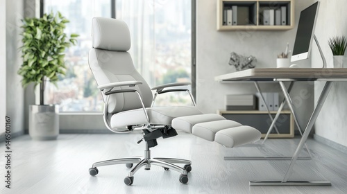 A multifunctional office chair with adjustable lumbar support and a footrest for added relaxation.