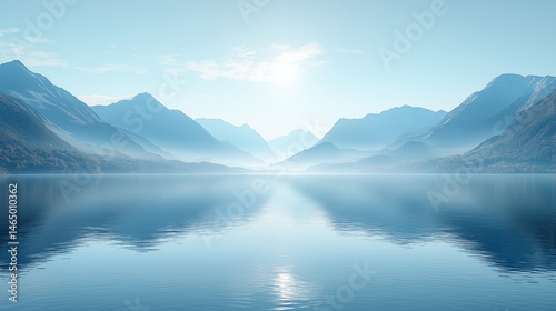 Mountain lake reflecting snow-capped peaks in morning mist with tranquil blue water, serene nature landscape for wellness and meditation concept