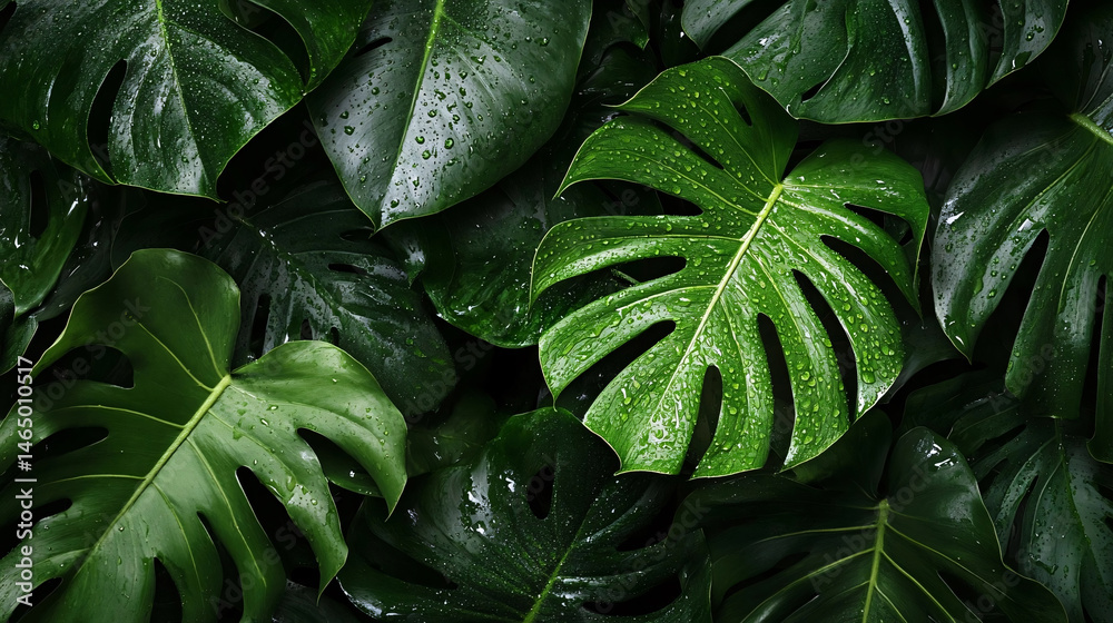 Fototapeta premium Close-up of lush green monstera leaves, perfectly wet with water droplets, creating a fresh, natural scene.