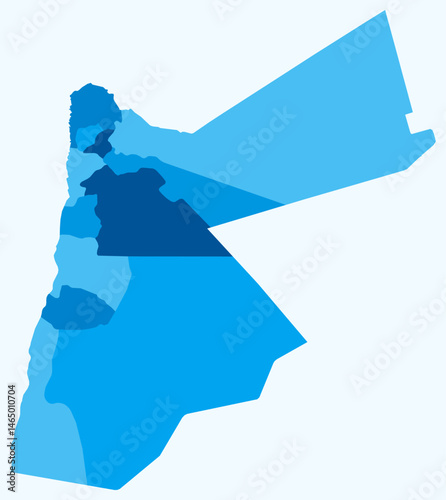 Map of Jordan with regions. Just a simple country border map with region division. Light blue color palette. Flat Hashemite Kingdom of Jordan shape with administrative division. Vector illustration.