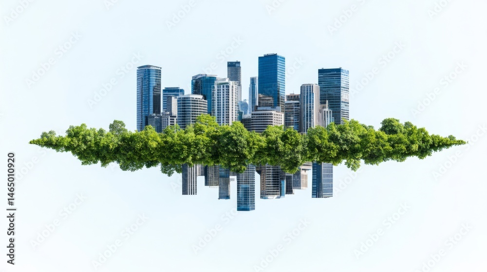 Fototapeta premium A stunning city skyline reflected in a lush green landscape