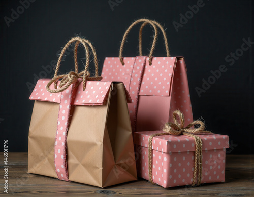 Gift bags and a box tied with twine on a wooden surface, presented as a celebratory arrangement with pink polka dots on a dark background