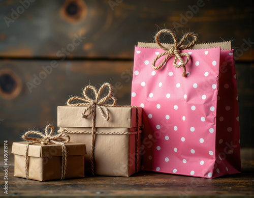 A charming still life composition featuring three gift packages a large pink polka dot bag and two smaller kraft paper boxes tied with rustic twine bows, resting on a weathered wooden surface
