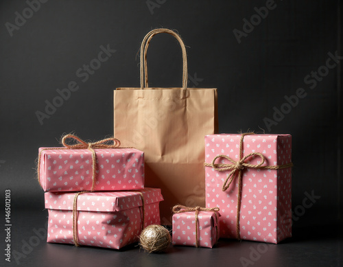 A charming arrangement of gifts including a paper bag and several pink patterned boxes tied with twine, creating a festive and heartwarming gift-giving scene