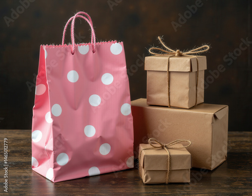 Pink Polka Dot Gift Bag with Brown Packages on Wooden Table, Celebrating Special Occasions with Festive Presents and Natural Twine Decorations