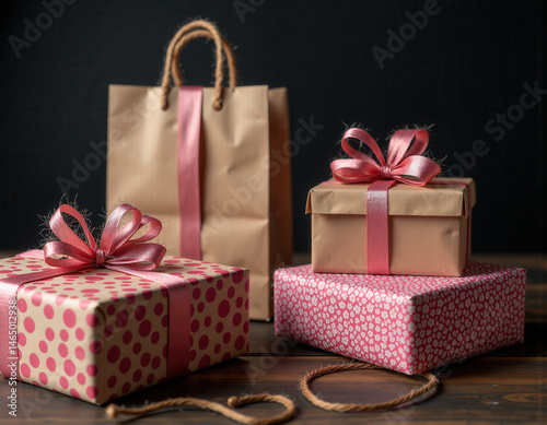 Assortment of beautifully wrapped gifts in kraft paper and patterned paper with pink ribbons, presented on a rustic wooden surface, symbolizing celebration and generosity