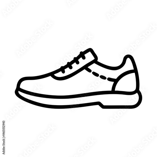 An icon of a sneaker or athletic shoe with laces and stitching depicted in black line art on a white background for use in graphic design and illustration concept