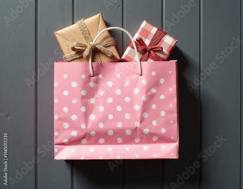 Pink polka dot gift bag with wrapped presents tied with twine and ribbon hanging against a dark gray wooden wall; festive celebration theme