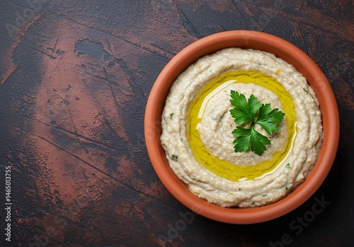 A bowl of baba ghanoush with olive oil and parsley on a dark textured surface from a top down view photo