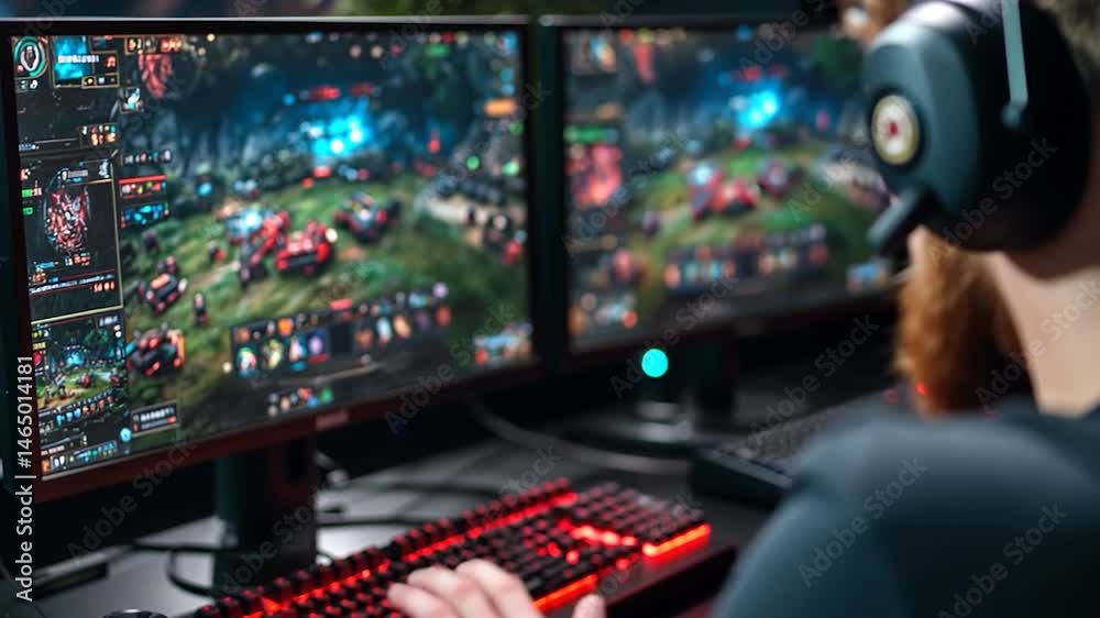 Close-up view of a person engrossed in a video game displayed on dual monitors. The scene is dimly lit, emphasizing the vibrant colors of the game interface. A red keyboard is partially visible in