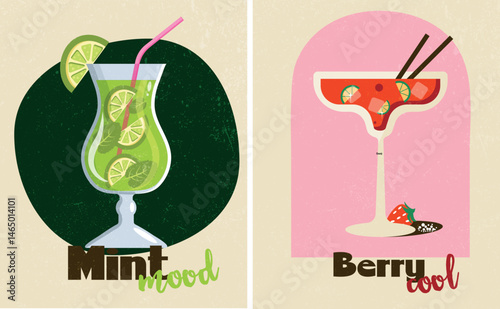 Set of retro posters with coctail, margarita, mojito. Cocktail party poster.
