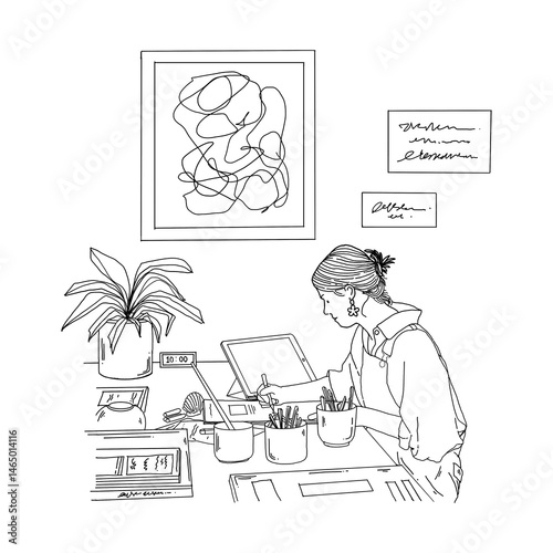 working-from-home-with-decoration-on-the-table-outline-simple-illustration-minimal