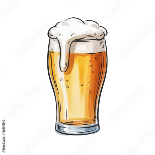 Illustration of a pint glass filled with light beer and overflowing white foamy head on black background
