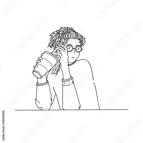 Minimal woman drinking coffee simple outline.
