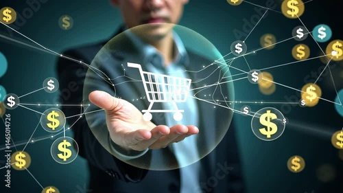 Modern Shopping Concept with Digital Cart and Virtual Currency on Blue Background